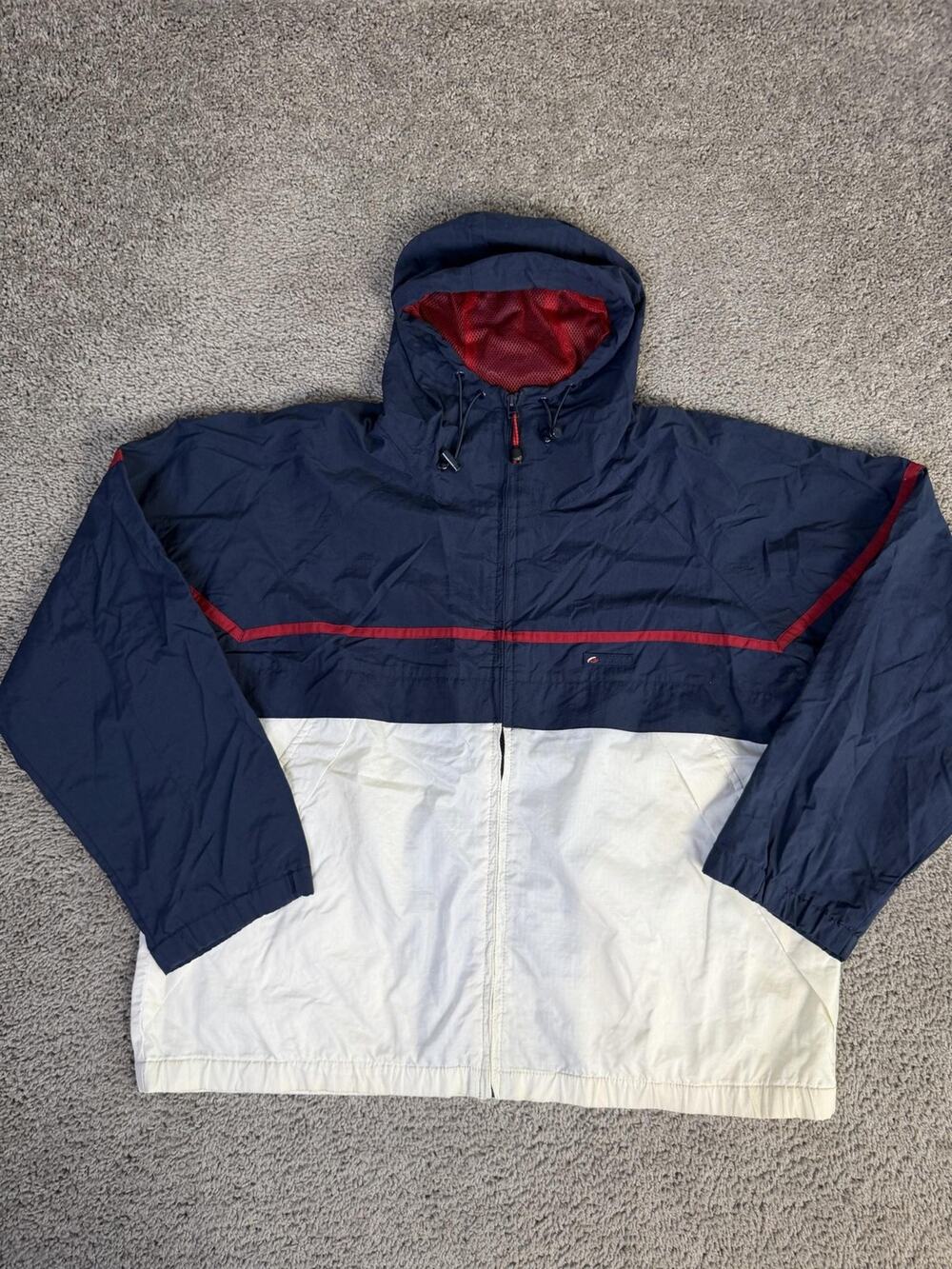 VTG Bugle Boy Jacket Mens L Blue White Windbreaker Hooded Lined Full Zip Pockets